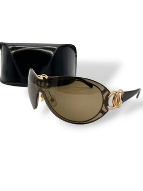Auth RARE CHANEL 4144 Brown oversized Shield Sunglasses cut out Gold CC detail